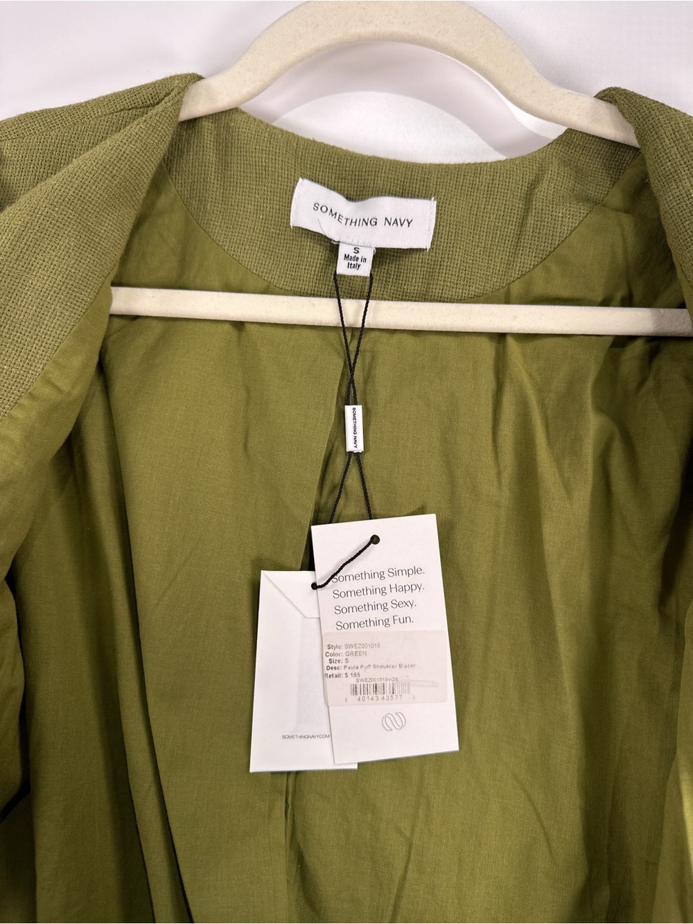 Something Navy Puff Shoulder Blazer Raw Hem Linen Cotton Blend Green Small - Picture 11 of 14